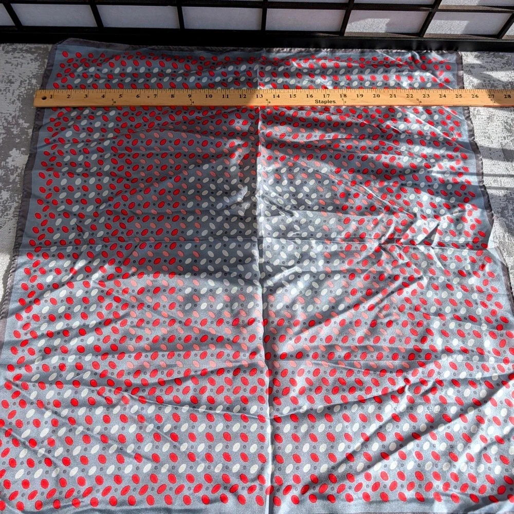 Designers Collection Silk Scarf Grey Red Polka Dot Square Made in Japan RN14750